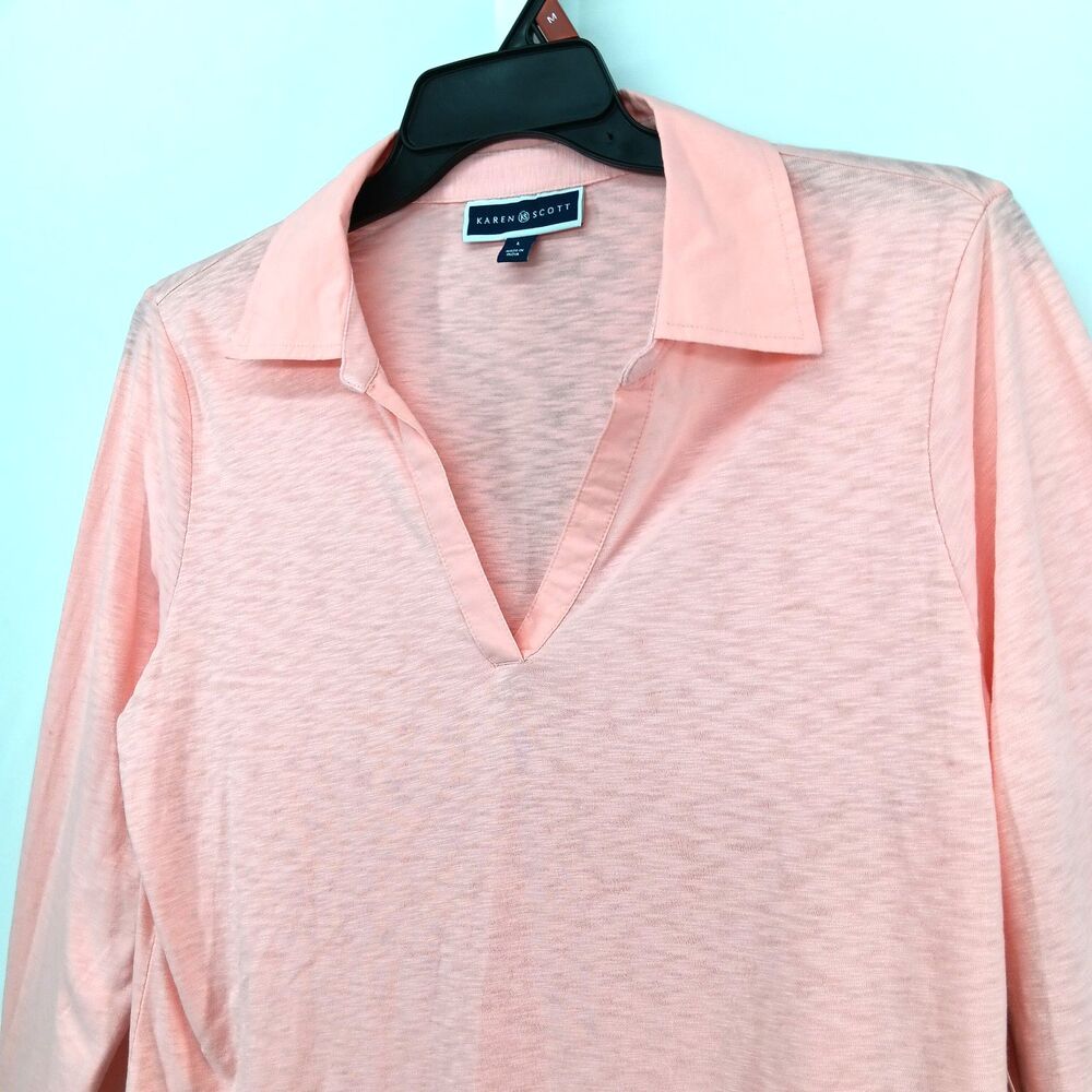 Karen Scott Shirt Women Large Coral Long Sleeve Collared Split V Neck Casual Top - Picture 2 of 8